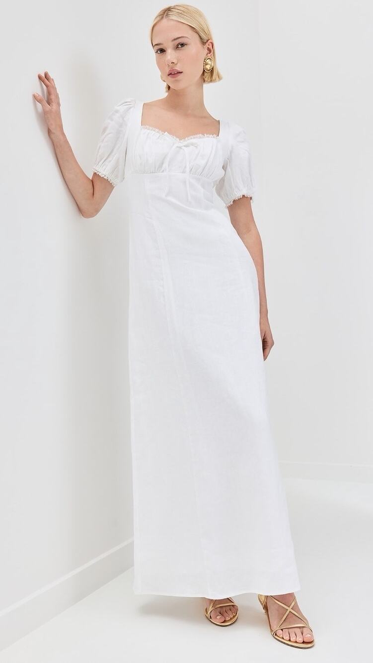 Reformation Cherise 100% Linen White Puff Sleeve Maxi Dress Size 2